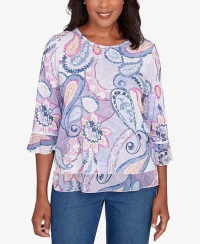 Alfred Dunner Plus Size Hilton Head Paisley Print Layered Hem Knit Top In Multi
