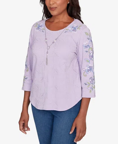 Alfred Dunner Plus Size Hilton Head Embroidered Sleeve Textured Top With Necklace In Purple