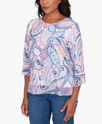 Alfred Dunner Plus Size Hilton Head Paisley Print Layered Hem Knit Top In Multi