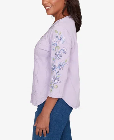 Alfred Dunner Plus Size Hilton Head Embroidered Sleeve Textured Top With Necklace In Purple