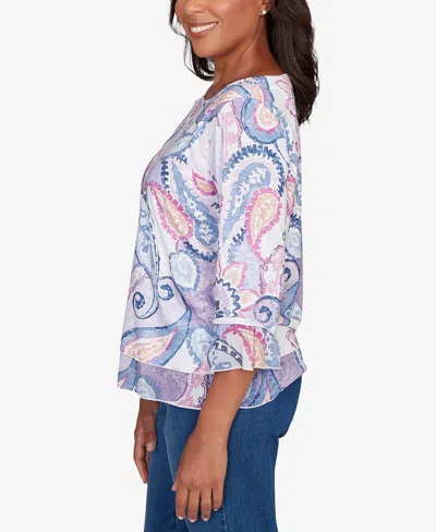 Alfred Dunner Plus Size Hilton Head Paisley Print Layered Hem Knit Top In Multi