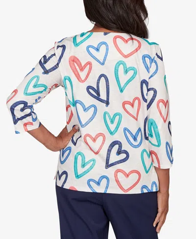 Alfred Dunner Women's Saratoga Springs Tossed Heart Pattern Knit Top In White