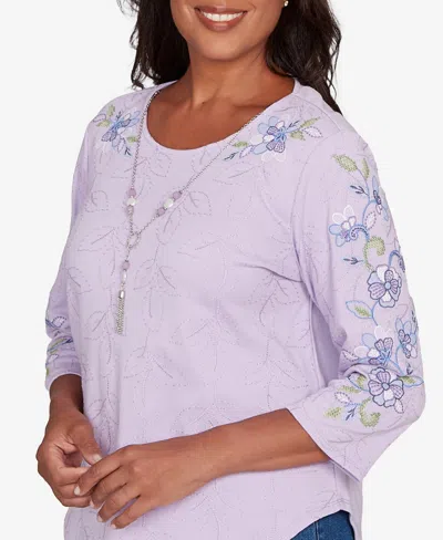 Alfred Dunner Plus Size Hilton Head Embroidered Sleeve Textured Top With Necklace In Purple
