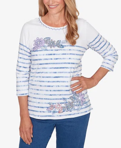 Alfred Dunner Plus Size Hilton Head Applique Flower Tie Dye Stripe Knit Top In Metallic