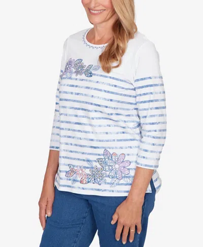 Alfred Dunner Plus Size Hilton Head Applique Flower Tie Dye Stripe Knit Top In Metallic