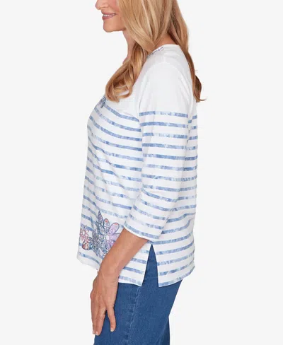 Alfred Dunner Plus Size Hilton Head Applique Flower Tie Dye Stripe Knit Top In Metallic