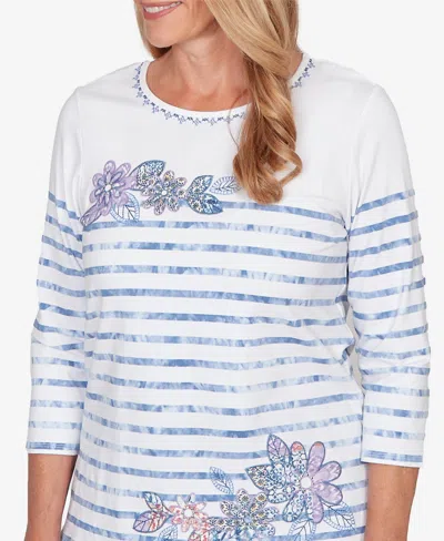 Alfred Dunner Plus Size Hilton Head Applique Flower Tie Dye Stripe Knit Top In Metallic