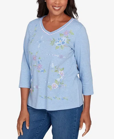 Alfred Dunner Women's Hilton Head Cross Stitched Floral Top In Blue