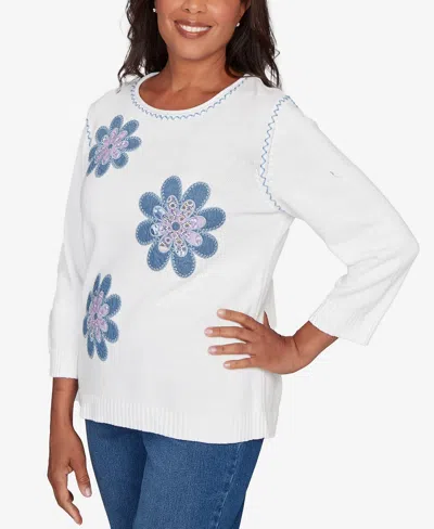 Alfred Dunner Women's Hilton Head Quilted Denim Applique Flower Sweater In White
