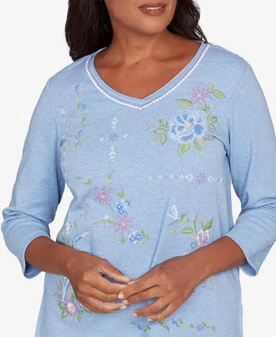 Alfred Dunner Women's Hilton Head Cross Stitched Floral Top In Blue