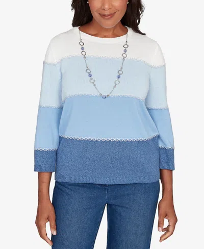 Alfred Dunner Women's Hilton Head Ombre Stripe Sweater With Necklace In Blue