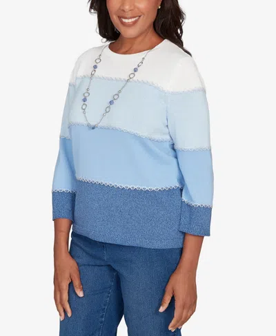 Alfred Dunner Women's Hilton Head Ombre Stripe Sweater With Necklace In Blue