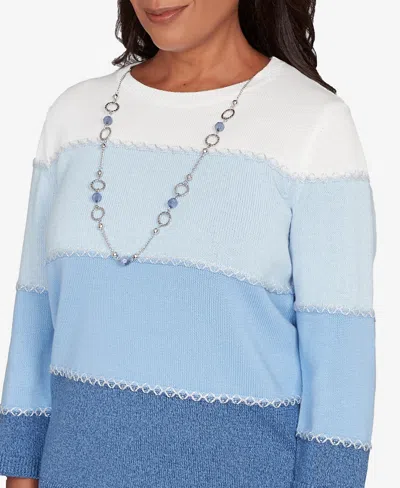 Alfred Dunner Women's Hilton Head Ombre Stripe Sweater With Necklace In Blue