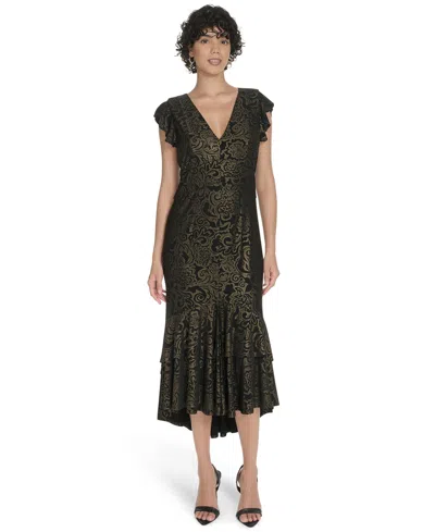 Tommy Hilfiger Petite Flutter Sleeve Foil Midi Dress In Black