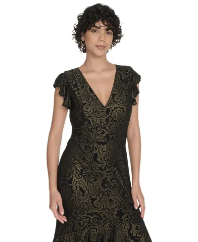 Tommy Hilfiger Petite Flutter Sleeve Foil Midi Dress In Black