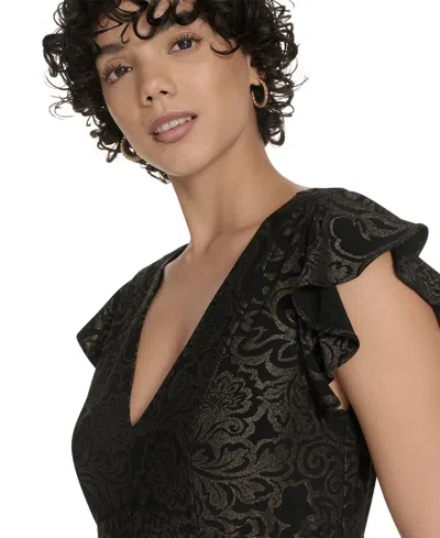 Tommy Hilfiger Petite Flutter Sleeve Foil Midi Dress In Black