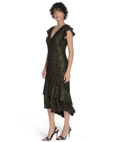 Tommy Hilfiger Petite Flutter Sleeve Foil Midi Dress In Black