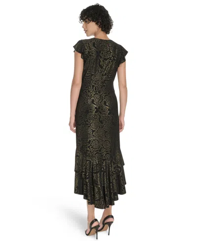 Tommy Hilfiger Petite Flutter Sleeve Foil Midi Dress In Black