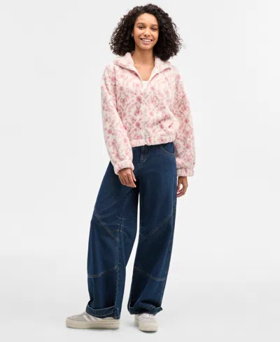 Hippie Rose Juniors' Printed Zip-up Sherpa Jacket In Multi