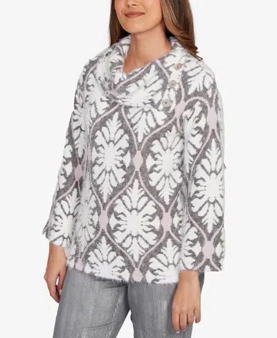 Ruby Rd. Petite Medallion Jacquard Sweater Knit Top In Gray