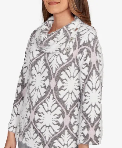 Ruby Rd. Petite Medallion Jacquard Sweater Knit Top In Gray