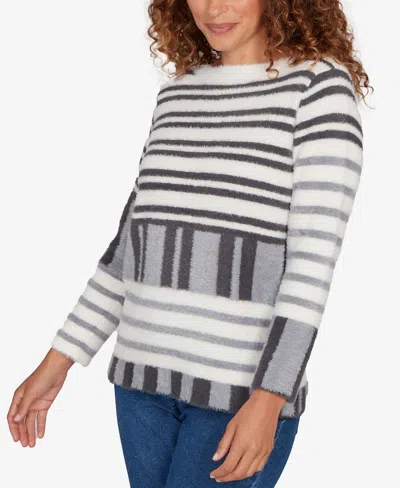 Ruby Rd. Petite Striped Feather Eyelash Pullover Sweater In Gray