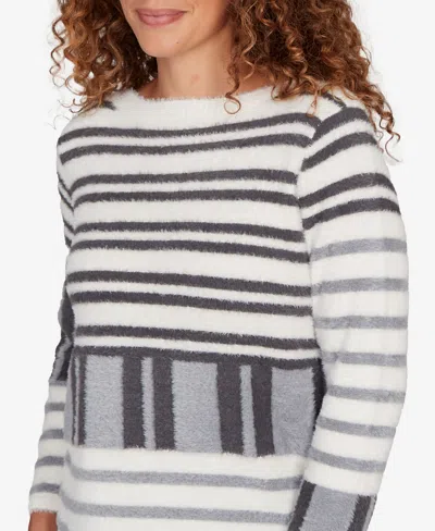 Ruby Rd. Petite Striped Feather Eyelash Pullover Sweater In Gray