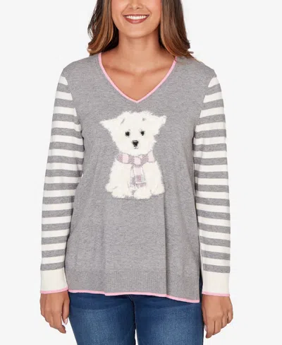 Ruby Rd. Petite Maltese Puppy Striped Sleeve Pullover Sweater In Gray