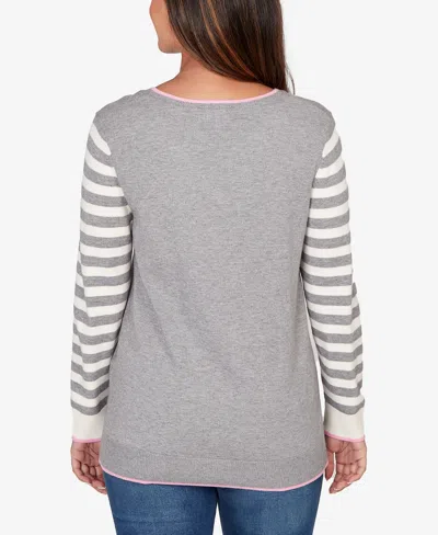 Ruby Rd. Petite Maltese Puppy Striped Sleeve Pullover Sweater In Gray