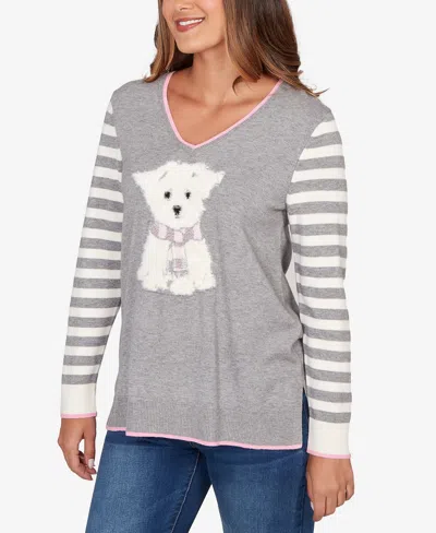 Ruby Rd. Petite Maltese Puppy Striped Sleeve Pullover Sweater In Gray