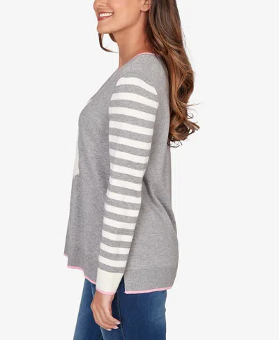 Ruby Rd. Petite Maltese Puppy Striped Sleeve Pullover Sweater In Gray