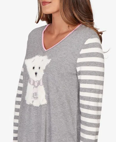 Ruby Rd. Petite Maltese Puppy Striped Sleeve Pullover Sweater In Gray