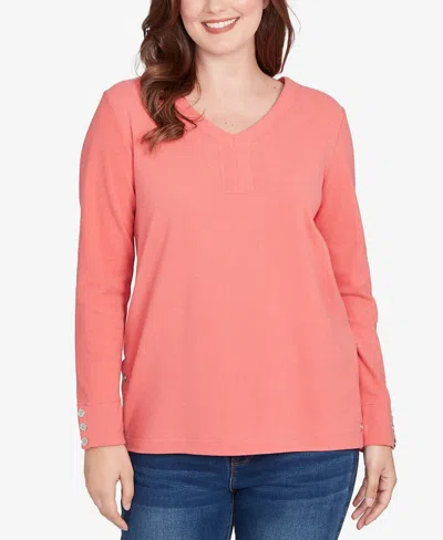 Ruby Rd. Petite Luxe Rib V-neck Button Accent Knit Top In Pink