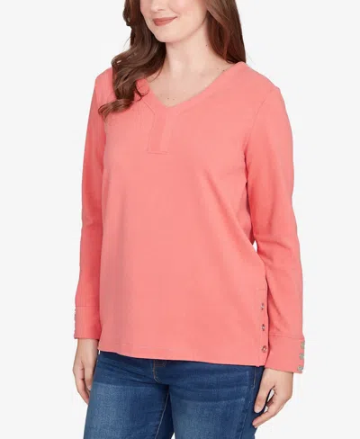 Ruby Rd. Petite Luxe Rib V-neck Button Accent Knit Top In Pink