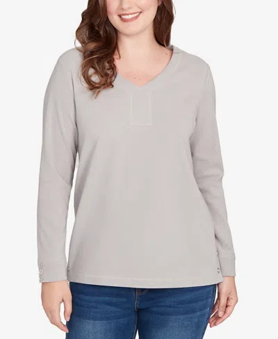 Ruby Rd. Petite Luxe Rib V-neck Button Accent Knit Top In Gray