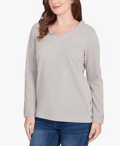 Ruby Rd. Petite Luxe Rib V-neck Button Accent Knit Top In Gray