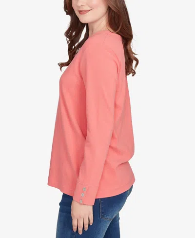 Ruby Rd. Petite Luxe Rib V-neck Button Accent Knit Top In Pink