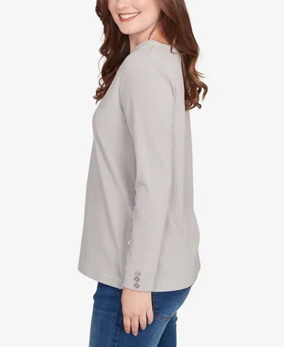 Ruby Rd. Petite Luxe Rib V-neck Button Accent Knit Top In Gray