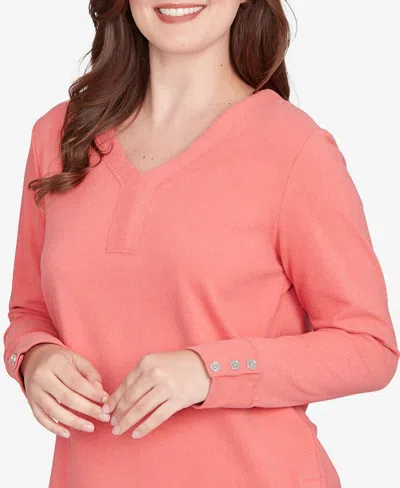 Ruby Rd. Petite Luxe Rib V-neck Button Accent Knit Top In Pink