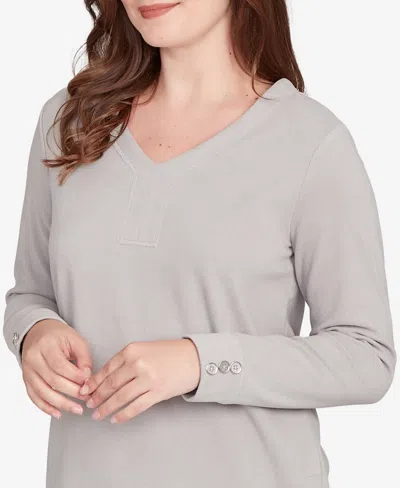 Ruby Rd. Petite Luxe Rib V-neck Button Accent Knit Top In Gray