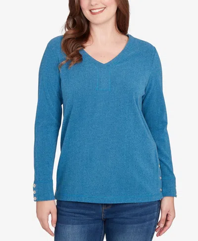 Ruby Rd. Petite Luxe Rib V-neck Button Accent Knit Top In Blue