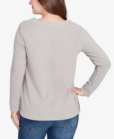 Ruby Rd. Petite Luxe Rib V-neck Button Accent Knit Top In Gray