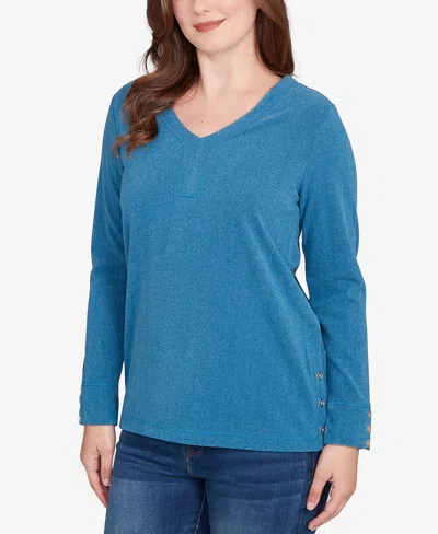 Ruby Rd. Petite Luxe Rib V-neck Button Accent Knit Top In Blue