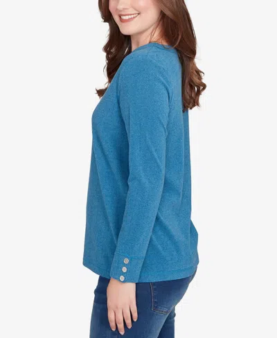 Ruby Rd. Petite Luxe Rib V-neck Button Accent Knit Top In Blue