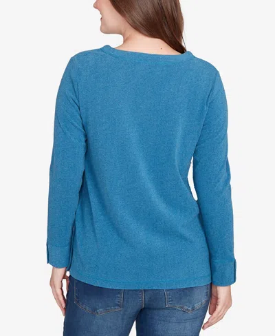 Ruby Rd. Petite Luxe Rib V-neck Button Accent Knit Top In Blue