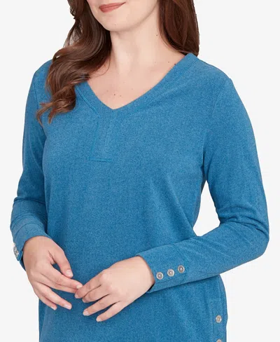 Ruby Rd. Petite Luxe Rib V-neck Button Accent Knit Top In Blue
