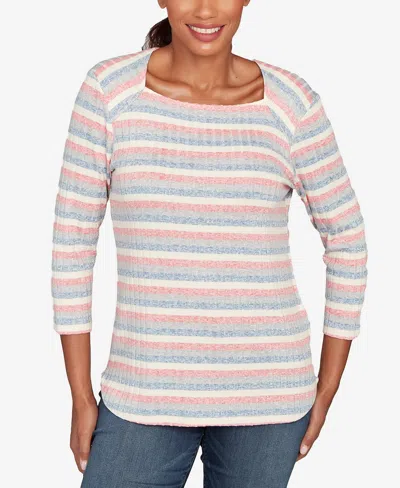 Ruby Rd. Petite Marled Stripe Envelope Neck Rib Knit Top In Neutral