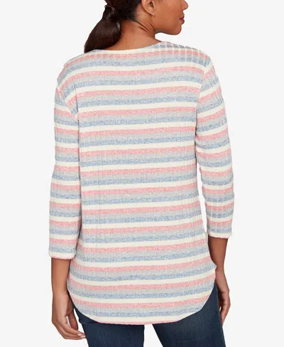 Ruby Rd. Petite Marled Stripe Envelope Neck Rib Knit Top In Neutral