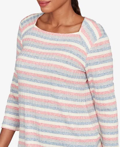 Ruby Rd. Petite Marled Stripe Envelope Neck Rib Knit Top In Neutral