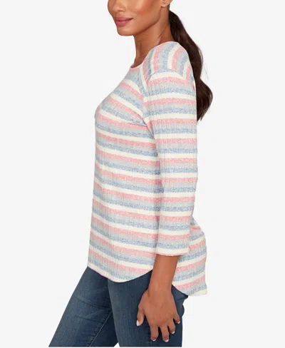 Ruby Rd. Petite Marled Stripe Envelope Neck Rib Knit Top In Neutral
